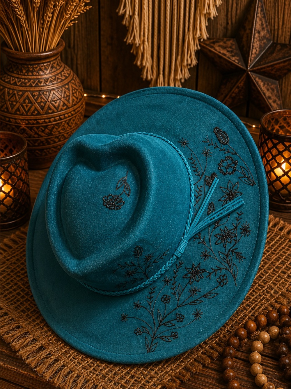 Teal Engraved Wide-Brim Vegan Suede Fedora